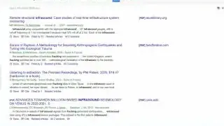 Google search results related to infrasound from fracking, indicating less extensive research compared to wind turbines.