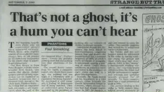 A newspaper headline stating, "That's not a ghost, it's a hum you can't hear," referencing Vic Tandy's findings on infrasound.