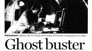 A newspaper article with the headline "Ghost buster," featuring Vic Tandy investigating a cellar.