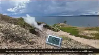 A digital thermometer next to a steaming geyser, with text indicating "Sometimes, infrasound sounds 'Tonal'".