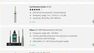 A screenshot showing a list of microphones with their specifications, including frequency range and directional characteristics.