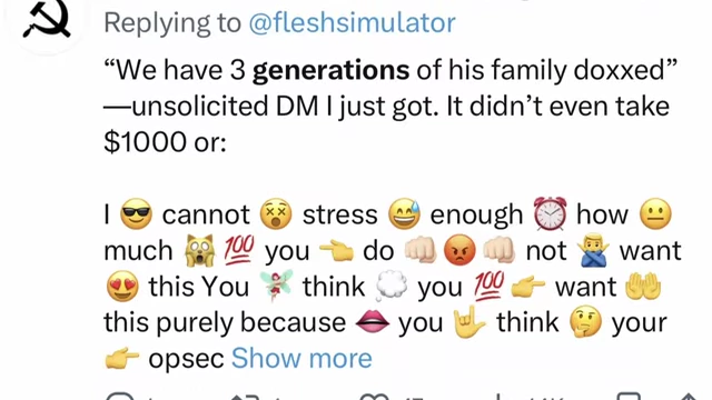 Tweet from "MAOIST LANDLORD" stating "We have 3 generations of his family doxxed" with threatening emojis