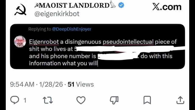 Tweet from "MAOIST LANDLORD" doxing "Eigenrobot" with an address, phone number, and the instruction "do with this information what you will"