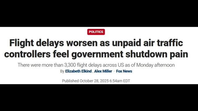 Fox News headline stating that flight delays are worsening as unpaid air traffic controllers feel the pain of the government shutdown.