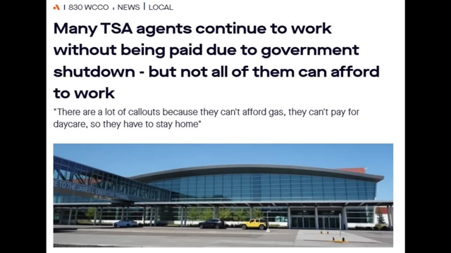 WCCO News headline reporting that many TSA agents continue to work without pay, but some cannot afford to.