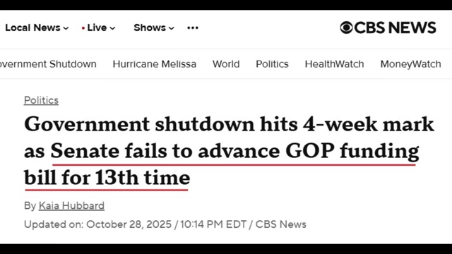 CBS News headline reporting that the government shutdown has hit the 4-week mark as the Senate failed to advance a GOP funding bill for the 13th time.