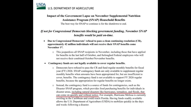 An excerpt from a USDA memo explaining that contingency funds are not legally available for regular SNAP benefits, but rather for disasters.