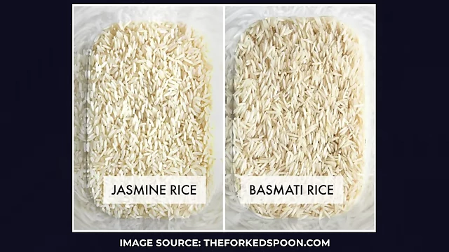 A side-by-side comparison of Jasmine and Basmati rice, highlighting their visual differences.