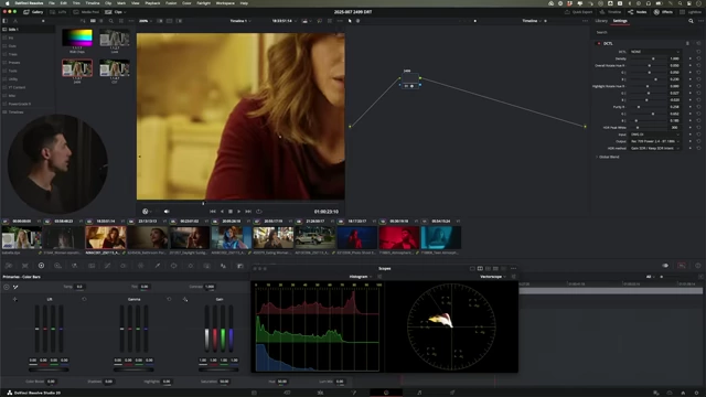 DaVinci Resolve interface showing the 2499 DCTL applied in a node tree, used as a Display Rendering Transform.