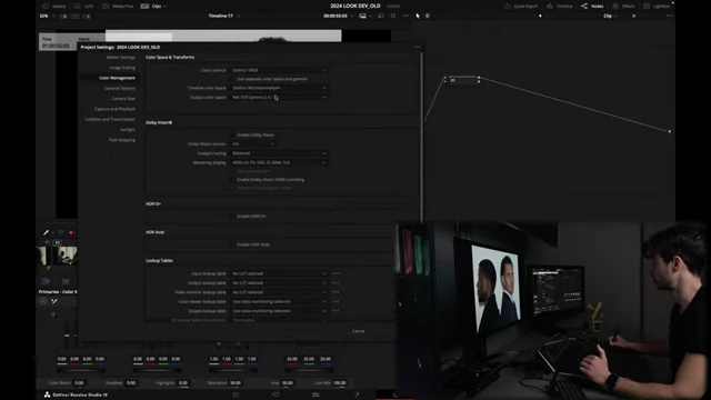 DaVinci Resolve project settings showing the color science and timeline color space configuration.
