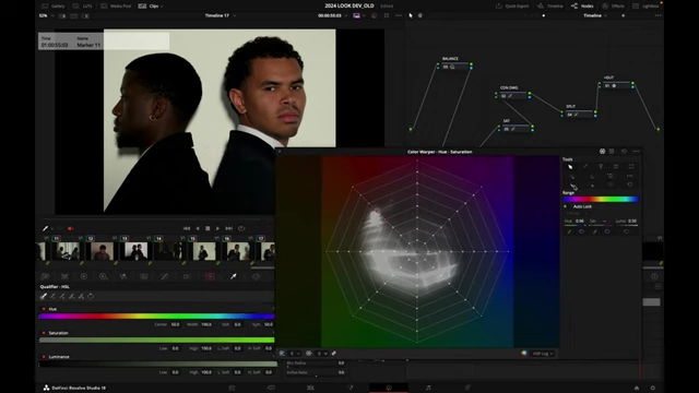 DaVinci Resolve Color Warper being used to compress the skin vector for improved skin tones.