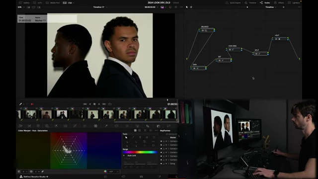The complete DaVinci Resolve node tree demonstrating the comprehensive "look" built with multiple serial nodes.