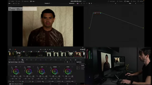 A single DaVinci Resolve node being used for individual clip adjustments, with the HDR tab open.