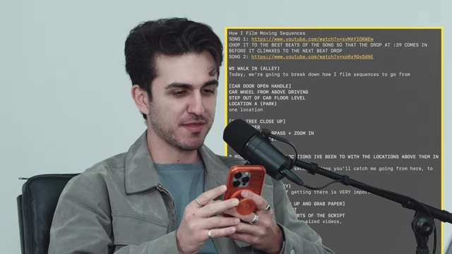 A phone screen displaying a detailed screenplay with shot lists and notes