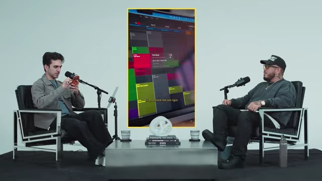 A calendar showing meticulously color-coded time blocks for various activities