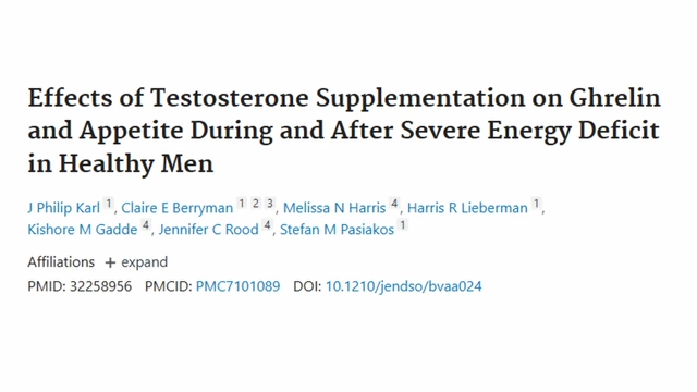 A screenshot of a scientific paper title, "Effects of Testosterone Supplementation on Ghrelin and Appetite During and After Severe Energy Deficit in Healthy Men," supporting the claim that higher testosterone reduces hunger.