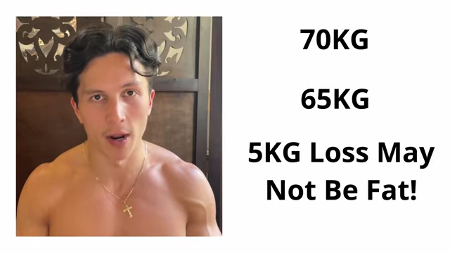 A text overlay illustrating a weight loss scenario ("70KG -> 65KG, 5KG Loss May Not Be Fat!"), emphasizing that traditional calorie-focused diets might result in muscle loss.