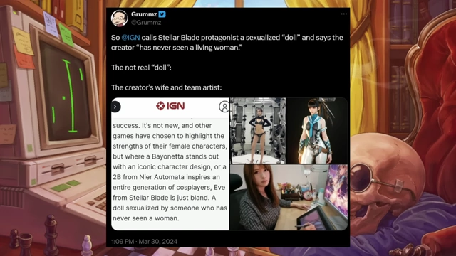 Mark Kern的推文，截图了IGN法国的评论，并展示了《星刃》角色夏娃的原型模特和游戏总监的妻子。