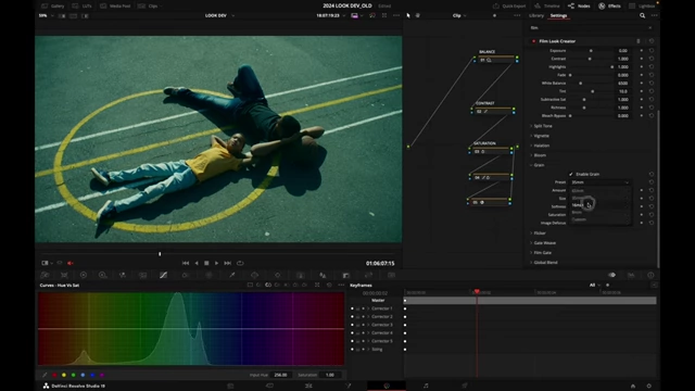 DaVinci Resolve Film Look Creator settings with 16mm film grain enabled to add canvas-like texture