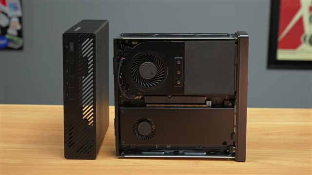 An inside view of the Minisforum MS-R1 chassis, showing the internal layout and components