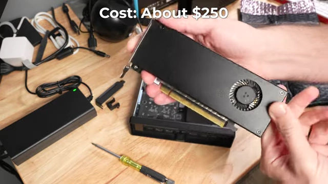 The NVIDIA RTX A2000 SFF GPU shown, highlighted with its cost of about $250