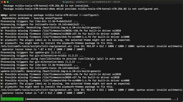 Terminal output showing an error during the installation of NVIDIA drivers on the Debian system, indicating dependency problems