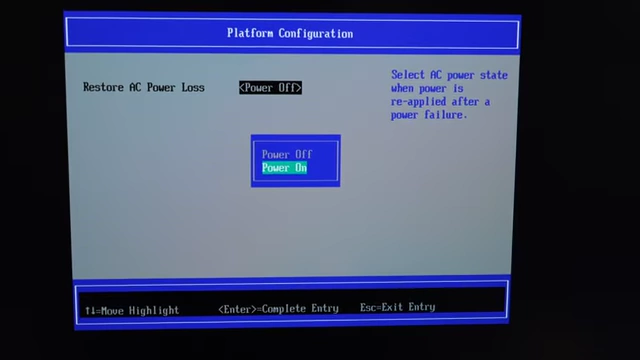 A screenshot of the BIOS setting for "Restore AC Power Loss" with "Power Off" and "Power On" options, which was found not to work via software