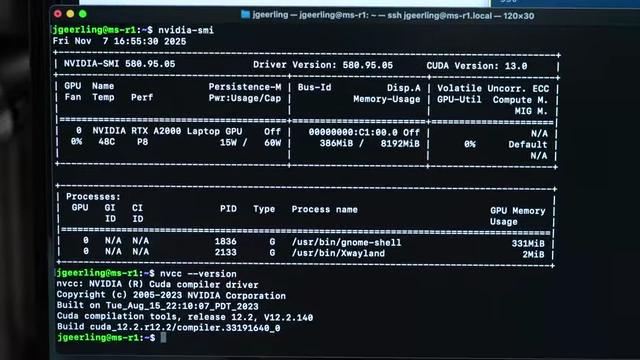 Terminal output showing `nvidia-smi` successfully detecting the NVIDIA RTX A2000 Laptop GPU, its driver version, and CUDA version on Ubuntu