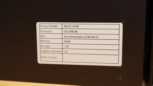 A sticker showing key specifications of the Minisforum MS-R1, including its CIX CP8180 processor, Arm Immortalis-G720 MC10 GPU, 64GB memory, and 1TB storage
