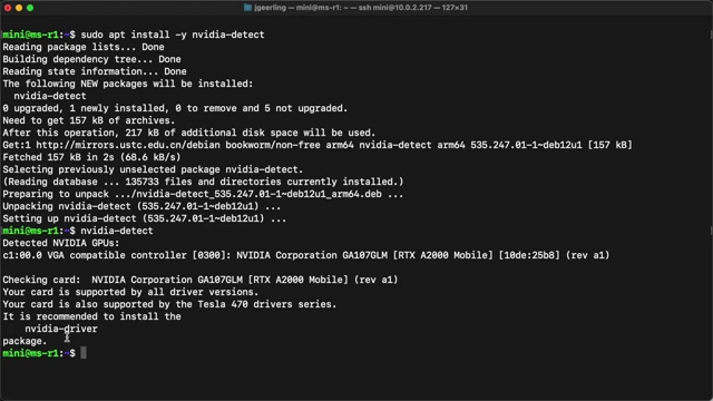 Terminal output showing `nvidia-detect` successfully identifying the NVIDIA RTX A2000 Mobile GPU on the Debian system