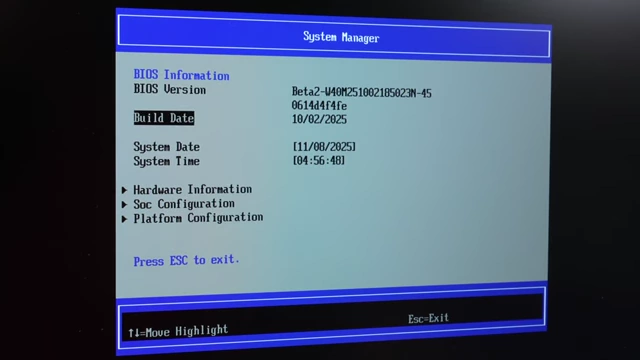 A screenshot of the BIOS "System Manager" showing "Beta2" version and build date, with various configuration options below