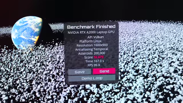 Benchmark results for GravityMark 1.89 Vulkan, showing a score of 16,679 with the NVIDIA RTX A2000 Laptop GPU
