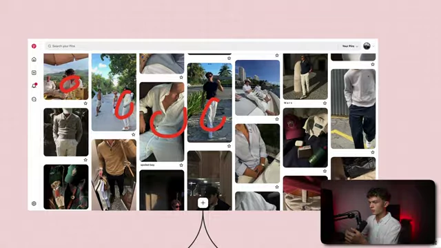 An example of a Pinterest board highlighting recurring fashion themes like linen pants, black tees, and watches to define a personal style.