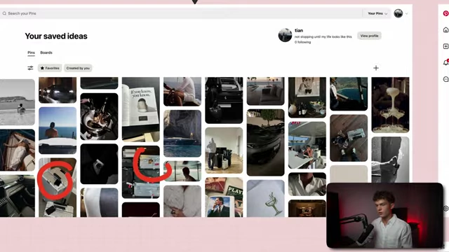 A Pinterest board illustrating lifestyle inspirations, including luxury watches, cars, and travel scenes, to shape a desired personal brand aesthetic.