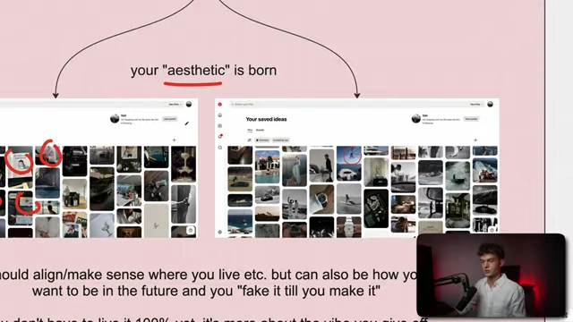 Two Pinterest boards demonstrating how a personal "aesthetic is born" by identifying recurring patterns across collected images.
