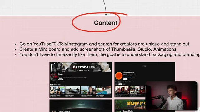 Instructions for creating a Miro board with screenshots of successful creators' thumbnails, studio setups, and animations to analyze their branding.
