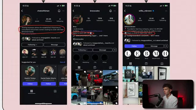 Examples of optimized Instagram profiles, demonstrating clear bios and calls to action from various creators.