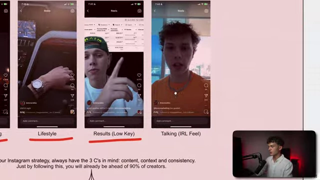 Various types of Instagram Reels content: aesthetic with talking, lifestyle vlogs, low-key results showcasing, and in-real-life (IRL) updates.