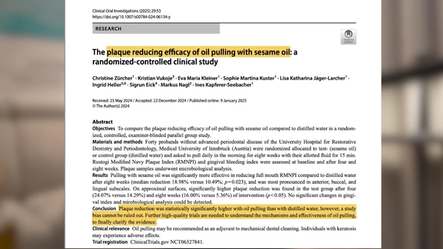 Clinical study abstract on the plaque-reducing efficacy of oil pulling with sesame oil, noting the need for further research