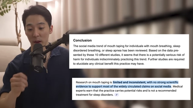 Research conclusion stating limited and inconsistent scientific evidence for mouth taping, with potential risks