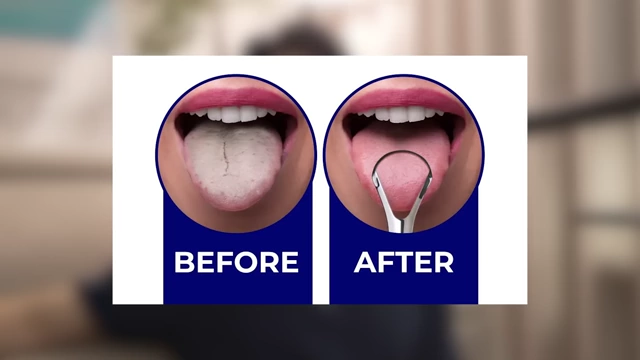 Before and after images of a tongue, showing the removal of coating by a scraper
