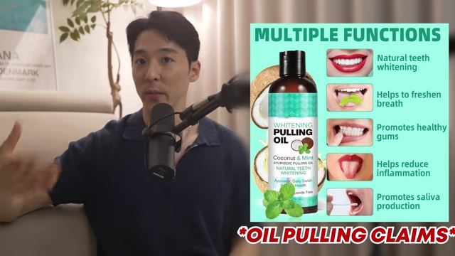 Infographic listing common claims of oil pulling, such as natural whitening and reducing inflammation