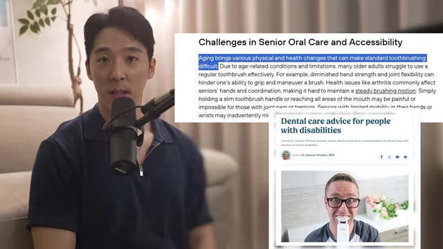 Text regarding challenges in oral care for seniors with limited dexterity and an image of a person using a U-brush