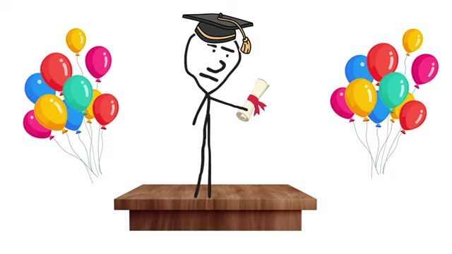 A stick figure celebrating graduation with a diploma, surrounded by balloons, representing the idealized achievement of a degree.