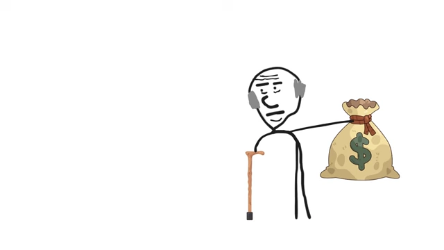 An older stick figure character holding a large bag of money, symbolizing the boomer's expectation of a wealthy retirement.