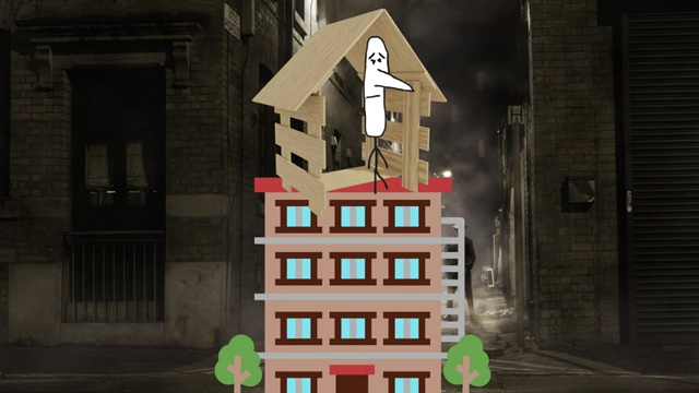 A stick figure character lives in a small shed precariously perched atop an apartment building in a dangerous and unsavory street, illustrating the dire housing situation for those trying to afford rent.