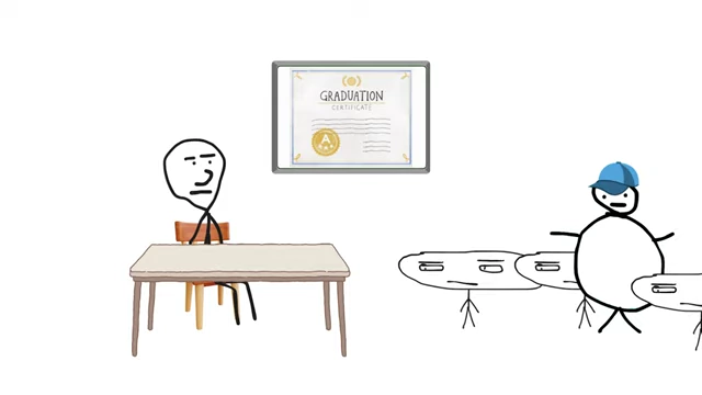 A stick figure character sits at a desk while many other stick figures, representing jobs, eagerly wait in line, illustrating the boomer's belief that a degree guarantees employment.