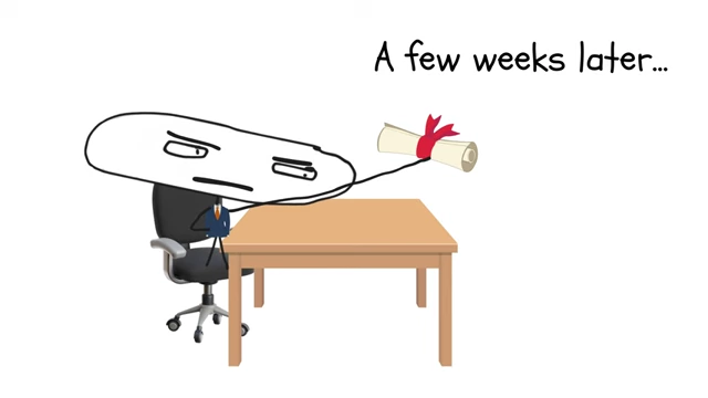 A stick figure character with a diploma sits dejectedly at a desk, implying difficulty finding employment despite having a degree.