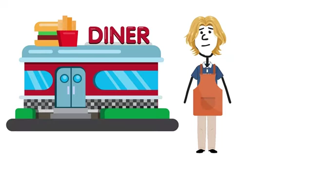 A stick figure character working at a diner, representing the boomer's belief that a summer job is sufficient to save for college tuition.