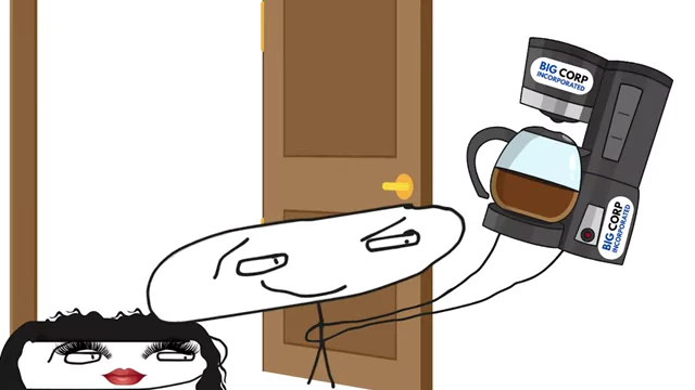 A boss character offers a low-quality coffee maker labeled "BIG CORP" as a reward for hard work, underscoring the inadequacy of corporate recognition.